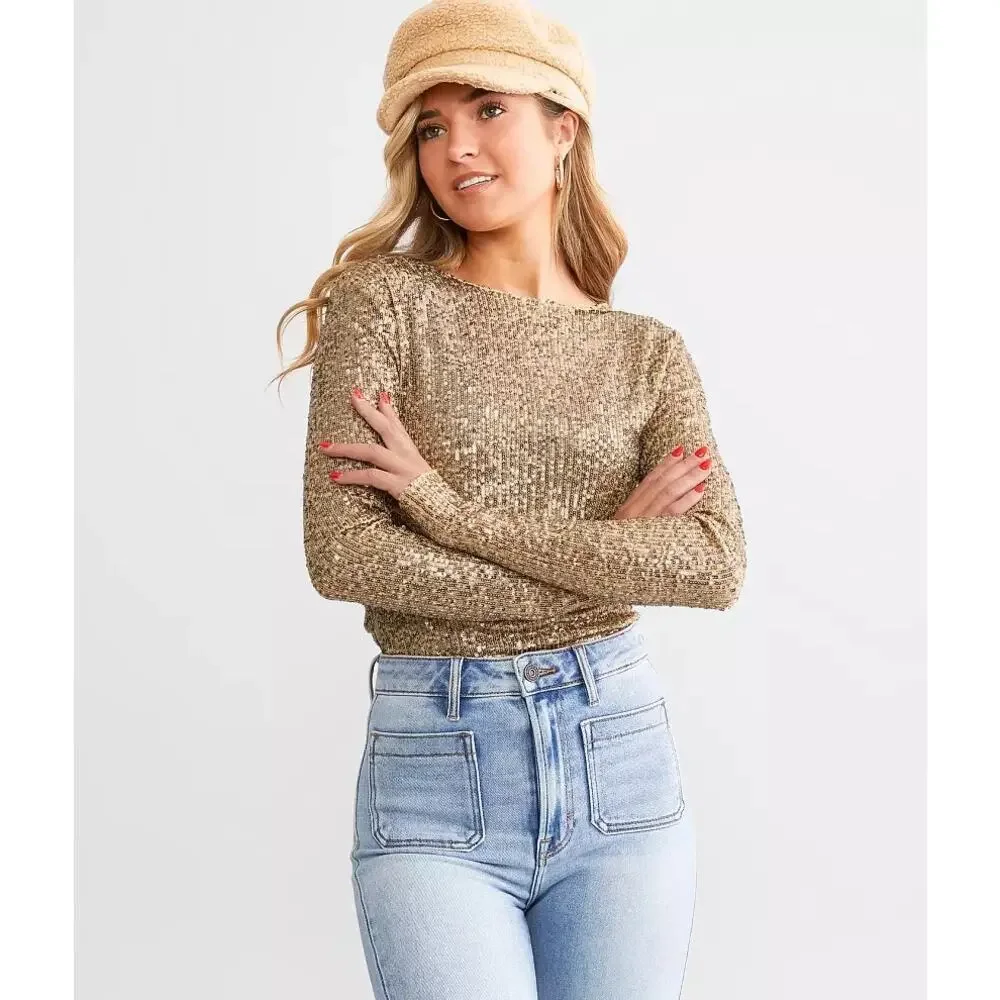 Free People Gold Rush Sequin Long Sleeve Top Blouse in Gold Combo Boho‎ Chic XS